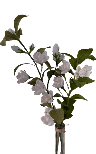 Hoge jasmijntak van crêpepapier met witte bloemen en knoppen