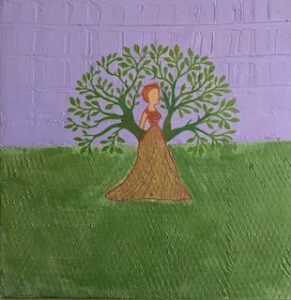 Naief schilderij van een vrouw in een gouden jurk onder een groene boom op een groen veld