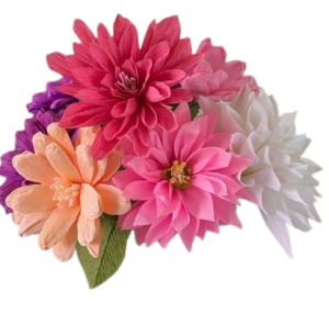 Dahlia's van crêpepapier in roze, perzik, wit en paars