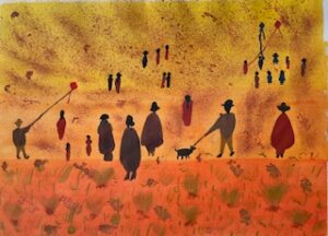 Impressionistisch schilderij van donkere figuren met paraplu's in een oranje klaprozenveld
