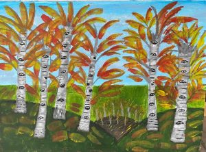 Schilderij van witte berkenstammen met oranje en rode herfstbladeren onder een blauwe lucht