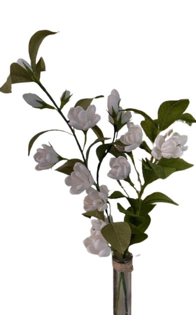 Jasmijntak van crêpepapier met witte bloemen en groen blad