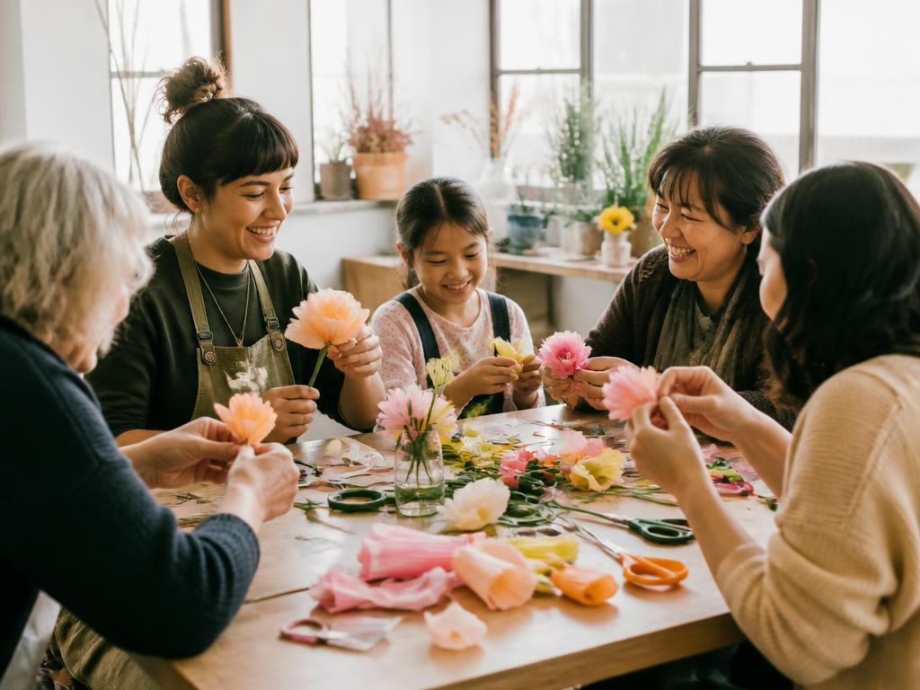 Deelnemers maken samen handgemaakte bloemen van crêpepapier aan tafel tijdens een workshop van Ibtisam