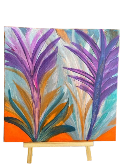 Abstract schilderij met paarse en turquoise bladvormen boven een oranje ondergrond