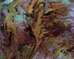 Fluid art schilderij met vloeiende banen in koper, wijnrood, groen en zwart