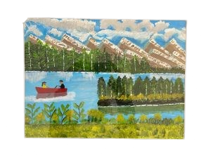 Schilderij van twee mensen in een rode roeiboot op een meer met bergen op de achtergrond