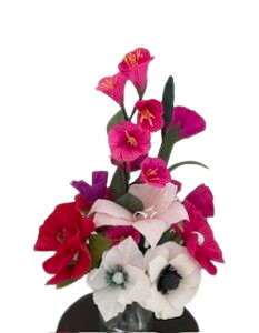 Boeket van crêpepapier met fuchsia gladiolen en witte anemonen