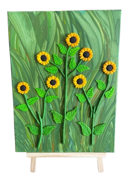 Acht gele zonnebloemen in reliëf op een groen geschilderd doek