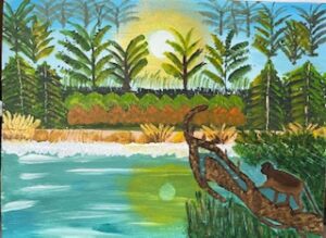 Schilderij van een rivier met palmen aan de oever en een aap op een tak in de avondzon