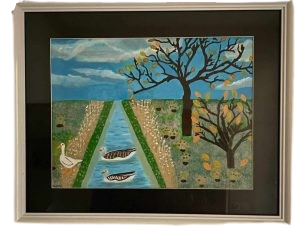 Ingelijst schilderij van een vaart met een zwaan, twee boten en bomen langs de oever