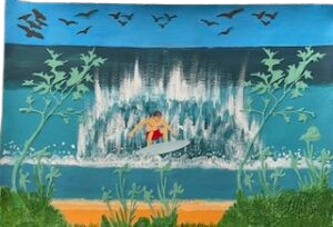 Schilderij van een surfer in een brekende witte golf onder een blauwe lucht met vogels