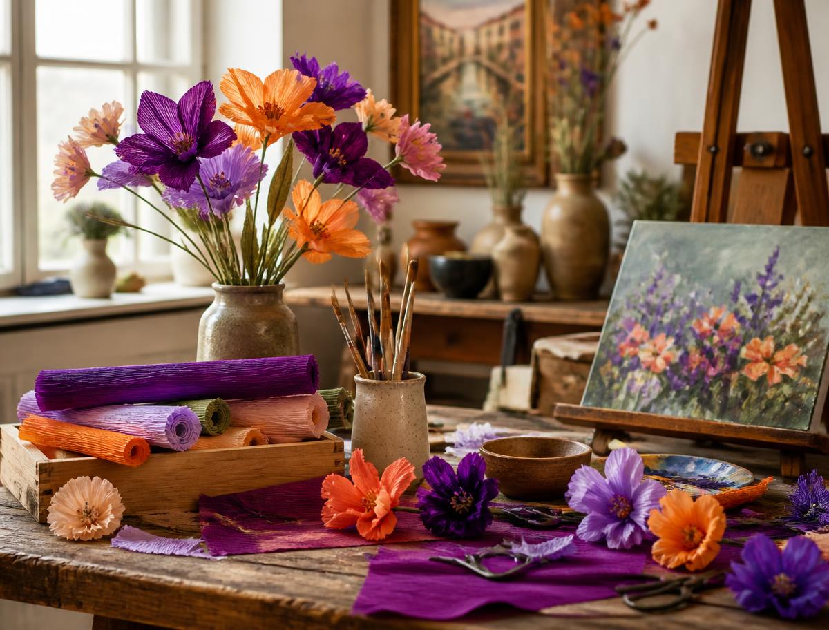 Atelier van Ibtisam met handgemaakte papieren bloemen in paars en oranje