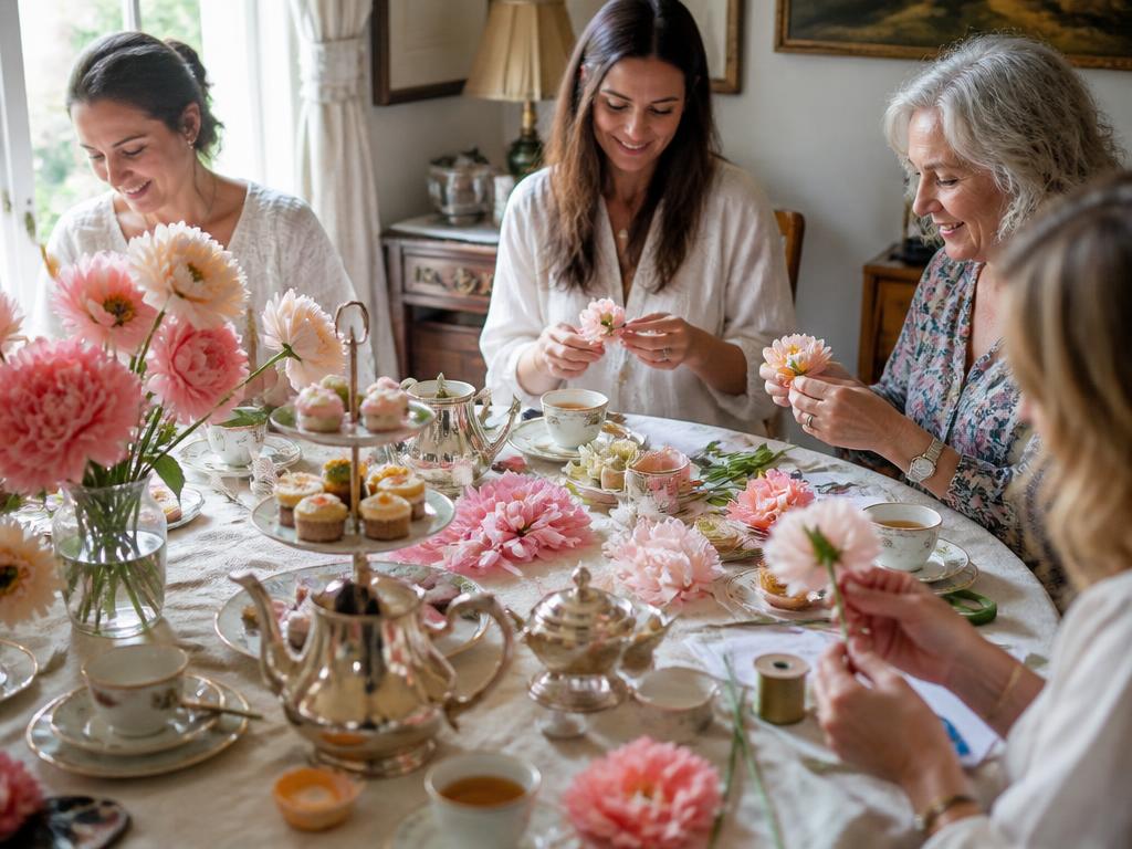 High tea met theeservies, gebak en handgemaakte papieren bloemen