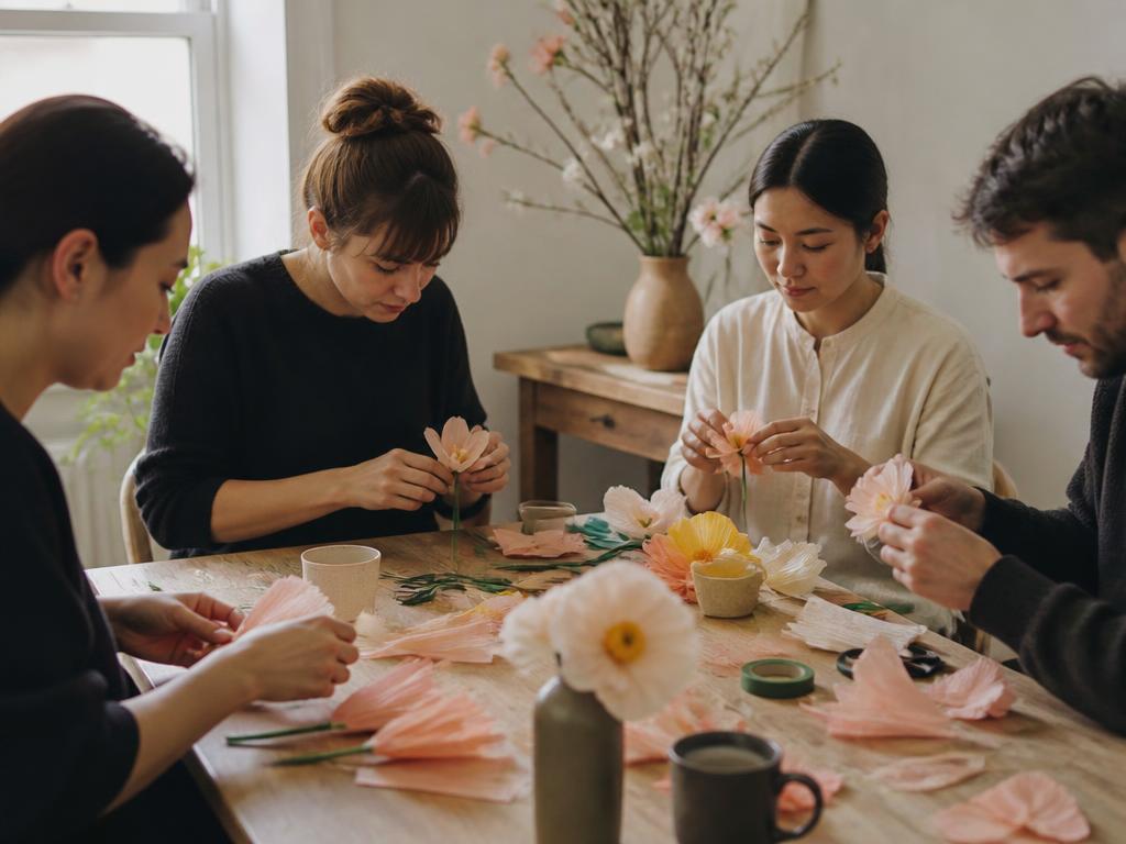 Kleine besloten groep werkt geconcentreerd aan papieren bloemen
