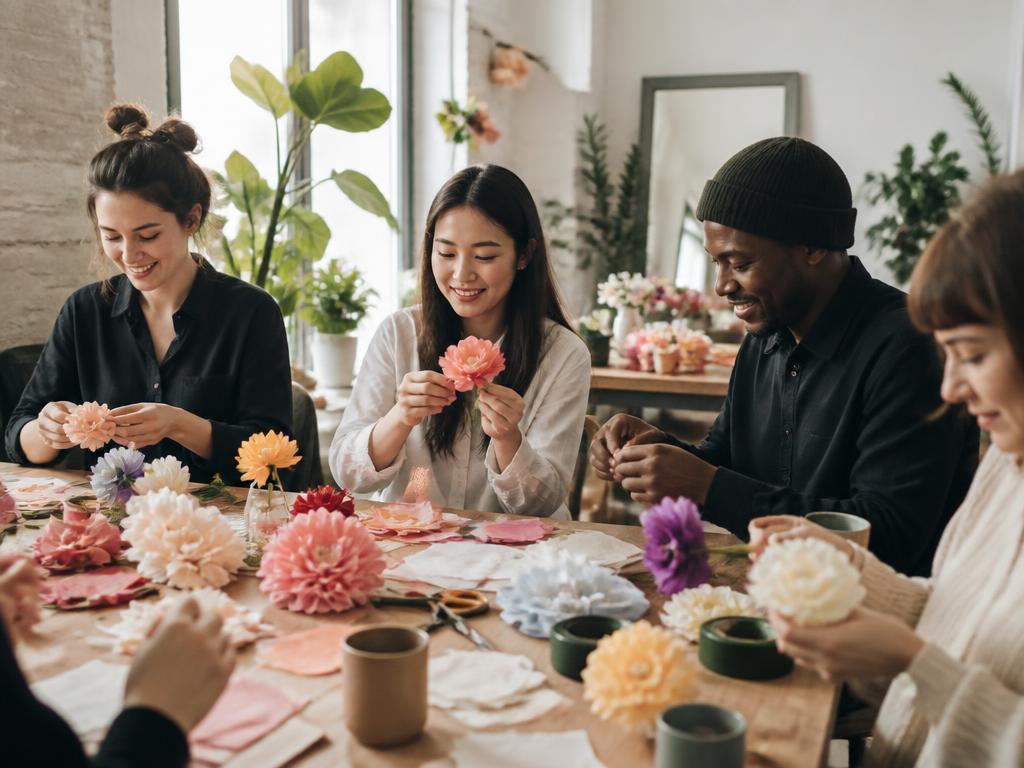 Team collega's tijdens een creatieve workshop papieren bloemen maken