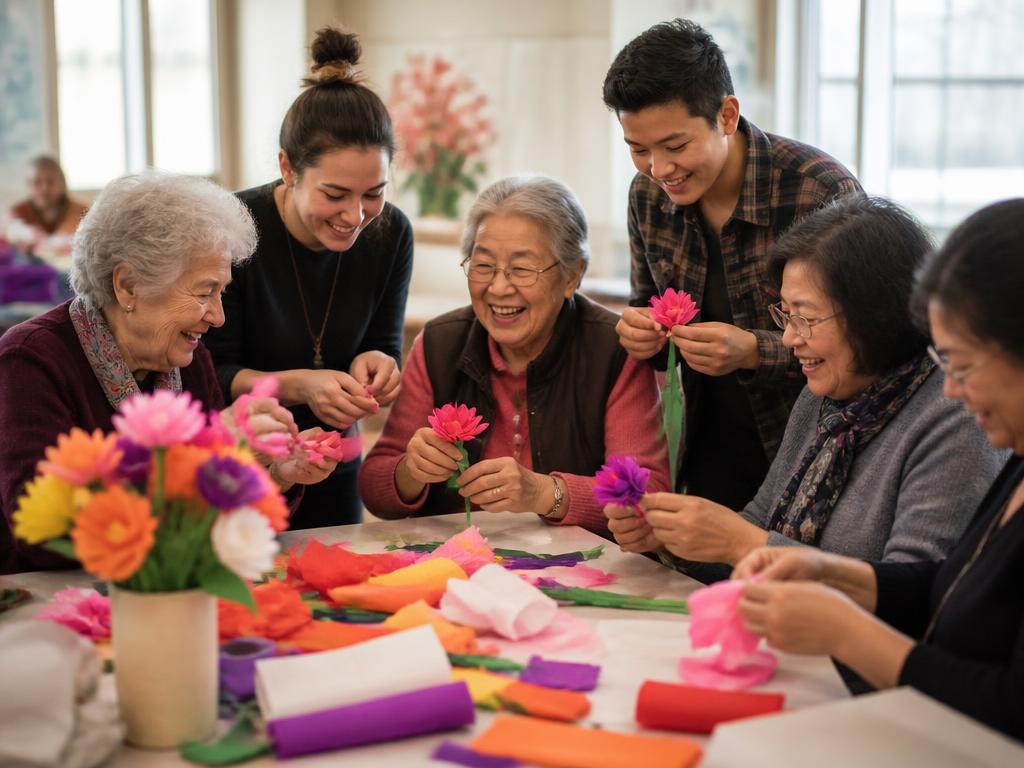 Groep van verschillende leeftijden maakt samen kleurrijke papieren bloemen