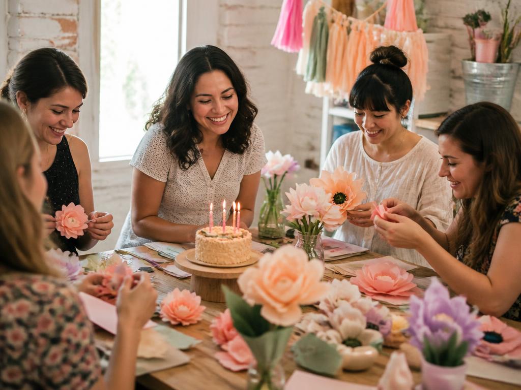 Feestelijke verjaardagstafel met taart en handgemaakte papieren bloemen